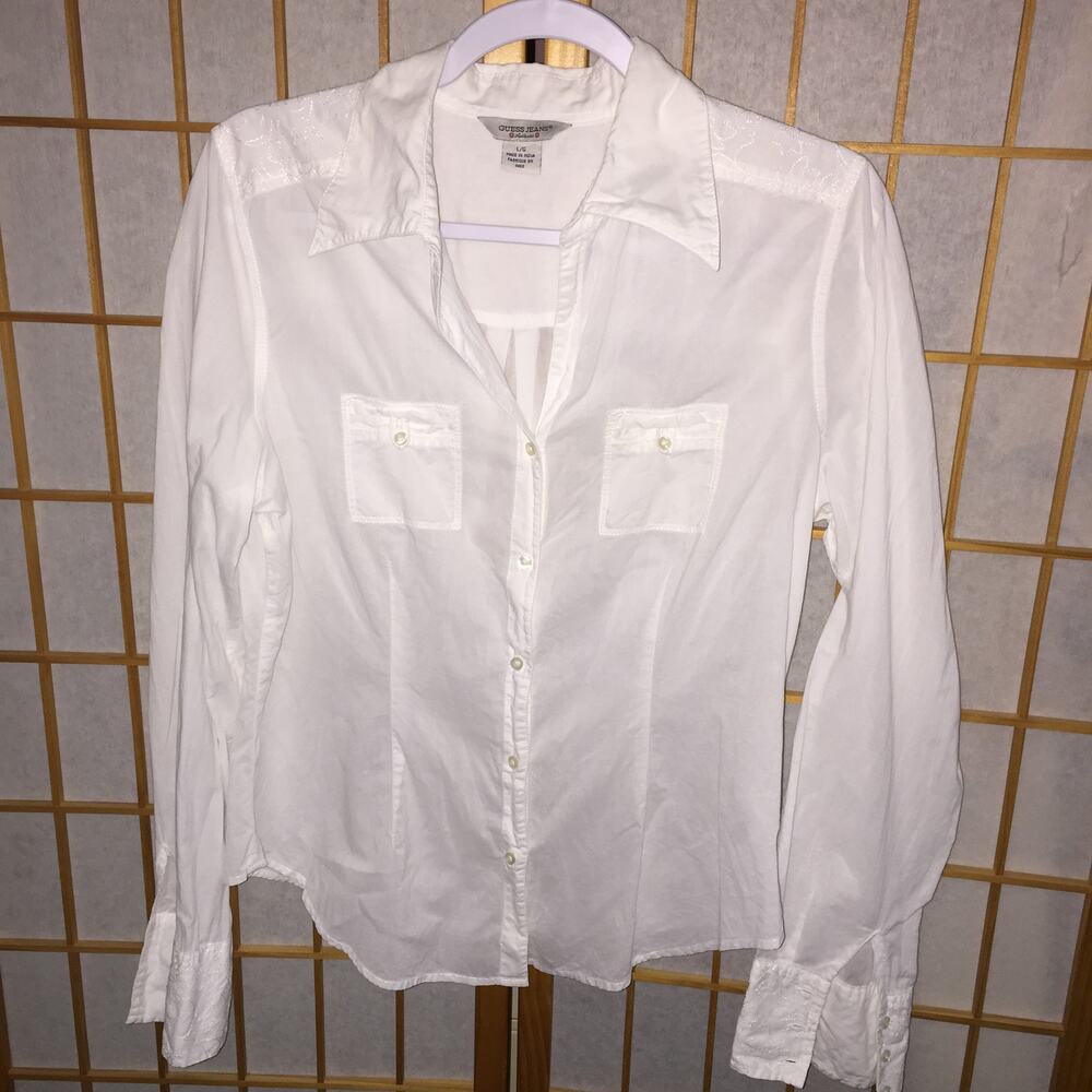 Guess Jeans Authentic White Embroidered long Sleeve cuffed Cotton button up L/G